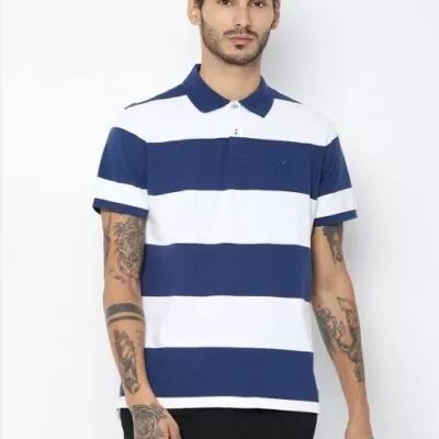 Men’s Stripped Polo Shirt – Cotton – White and Blue