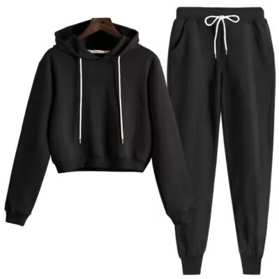 Black Cropped Tracksuits For Women – Fleece